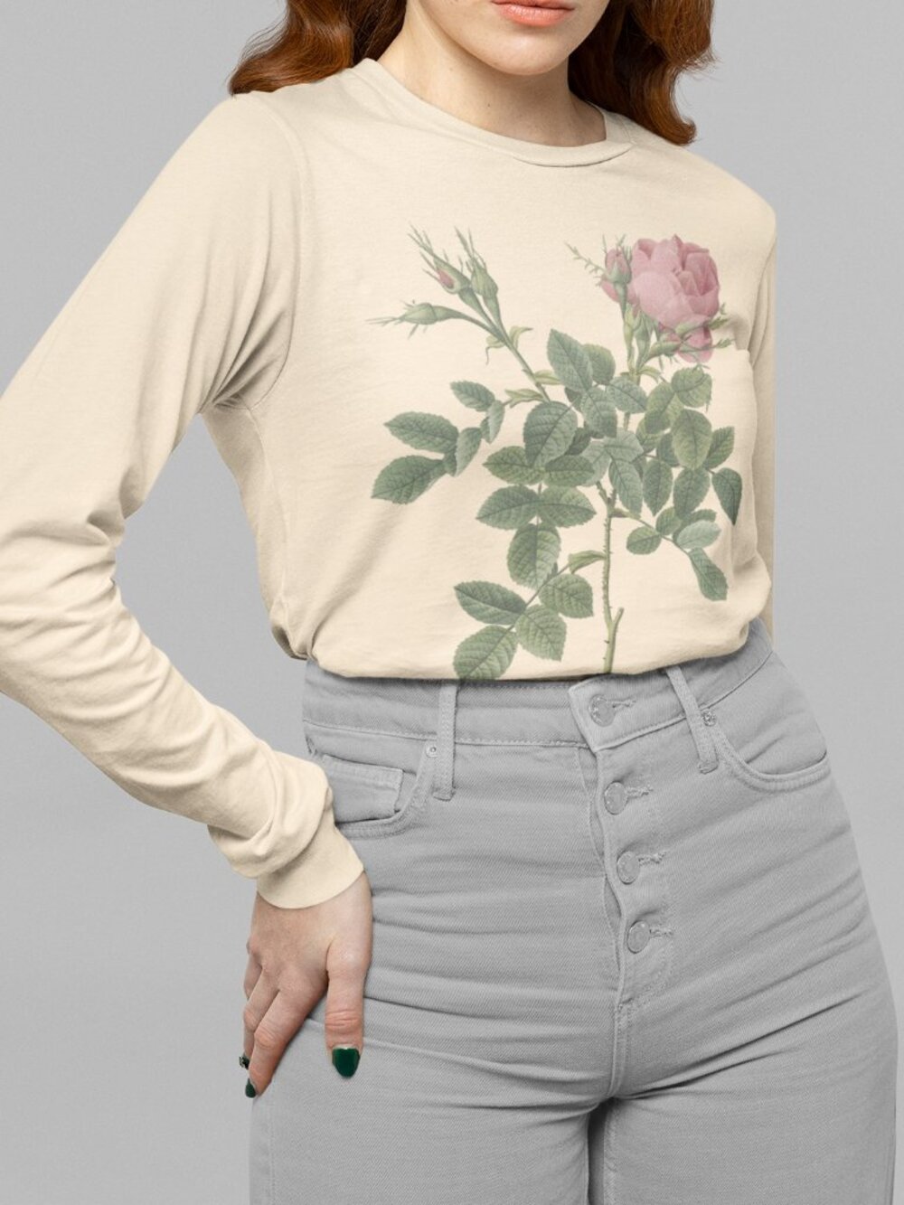 Rose Vintage Floral Print Long Sleeve Graphic Tee T-shirt S-XXL